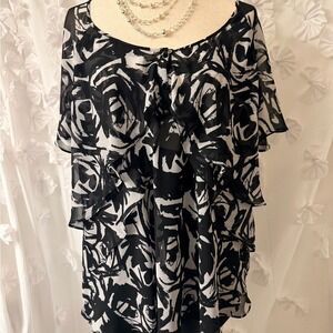 Calvin Klein Black Blouse Size 1X - Layered Chiffon Ruffle Blouse Top